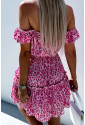 Rose Leopard Off Shoulder Buttoned Ruffled Mini Dress