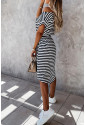Black Stripe Short Sleeve Belted Wrapped Hemline T-Shirt Dress