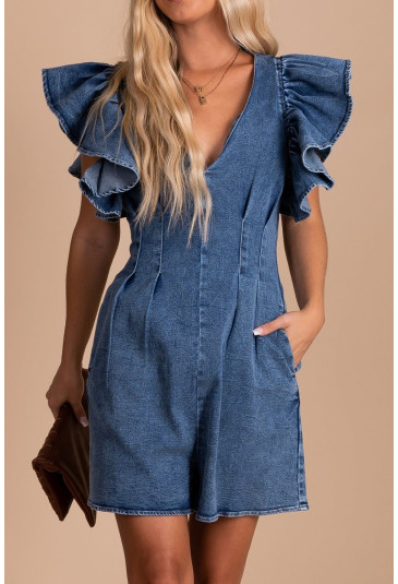 Blue Ruffle Pleated Denim Romper with Pockets