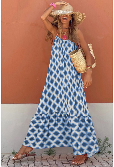 Blue Geometric Print Loose Fit Sleeveless Maxi Dress