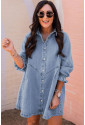 Sky Blue Buttoned Long Sleeve Denim Mini Dress