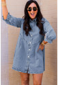 Sky Blue Buttoned Long Sleeve Denim Mini Dress