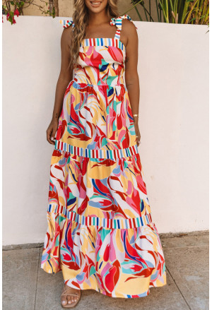 Multicolor Abstract Print Striped Trim Maxi Sundress