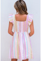 Pink Striped Button Sweetheart Flutter Sleeve Dress