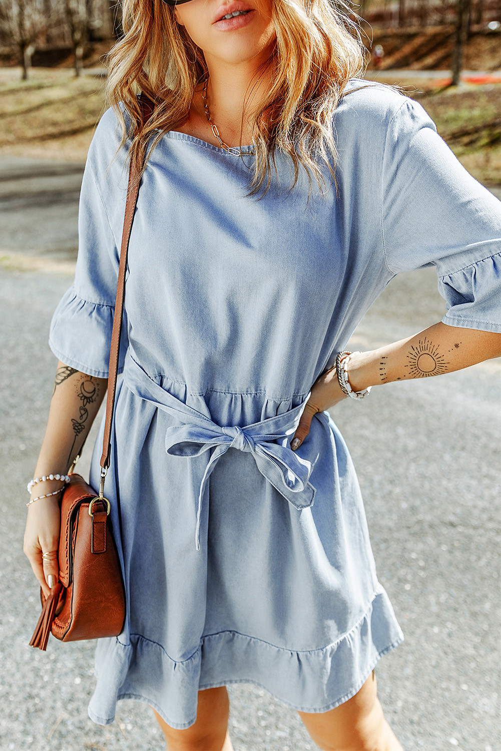 Belted denim outlet dress