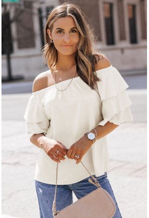  Apricot Tiered Ruffled Half Sleeve Off Shoulder Blouse
