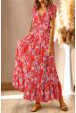 Red Floral Ruffled Crop Top and Maxi Skirt Set