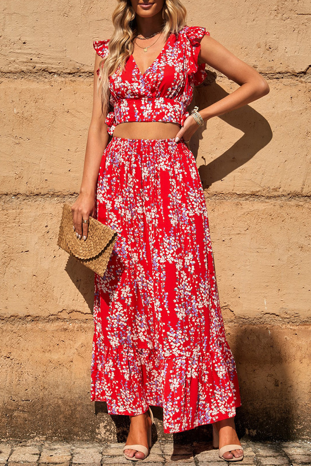 Red Floral Ruffled Crop Top and Maxi Skirt Set 