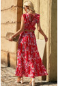 Red Floral Ruffled Crop Top and Maxi Skirt Set
