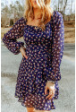 Blue Floral Print Smocked Square Neck Bubble Sleeve Dress