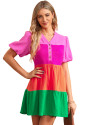 Multicolor Color Block Tiered Puff Sleeve Dress