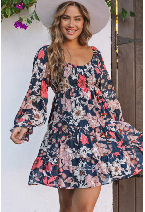 Blue Floral Tiered Long Puff Sleeve Mini Dress