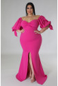 Rose Bow Tie Puff Sleeve Plus Size High Slit Maxi Dress