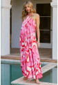 Dlhé ružové šaty s uväzovaním okolo krku a abstraktným vzorom 
