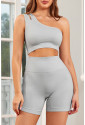 Gray Single Split Shoulder Ribbed Cropped Sports Top