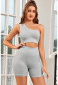 Gray Single Split Shoulder Ribbed Cropped Sports Top