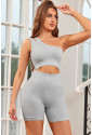 Gray Single Split Shoulder Ribbed Cropped Sports Top