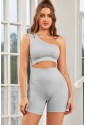 Gray Single Split Shoulder Ribbed Cropped Sports Top