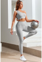 Gray Single Split Shoulder Ribbed Cropped Sports Top