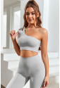 Gray Single Split Shoulder Ribbed Cropped Sports Top