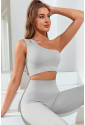 Gray Single Split Shoulder Ribbed Cropped Sports Top