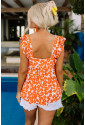 Orange Floral Print Square Neck Ruffle Tank Top