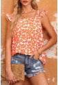 Orange Floral Print Square Neck Ruffle Tank Top