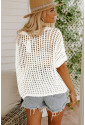White Fishnet Knit Ribbed Round Neck Short Sleeve Sweater Tee