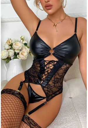Black Leather Lace Up Sheer Splicing Teddy Lingerie with Thong