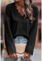  Black Ribbed Texture Lace Trim V Neck Long Sleeve Top
