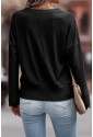  Black Ribbed Texture Lace Trim V Neck Long Sleeve Top