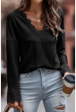  Black Ribbed Texture Lace Trim V Neck Long Sleeve Top