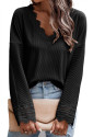  Black Ribbed Texture Lace Trim V Neck Long Sleeve Top