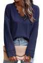  Blue Ribbed Texture Lace Trim V Neck Long Sleeve Top
