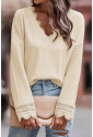  Apricot Ribbed Texture Lace Trim V Neck Long Sleeve Top