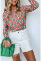 Red Retro Floral Print Stretchy Long Sleeve Top