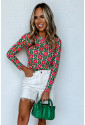 Red Retro Floral Print Stretchy Long Sleeve Top