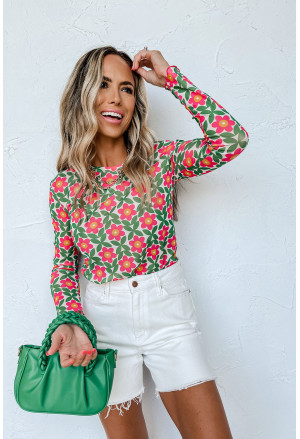 Red Retro Floral Print Stretchy Long Sleeve Top