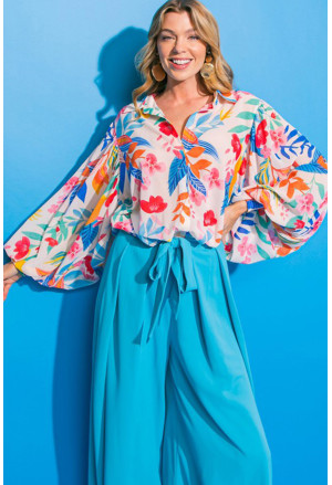 Multicolor Vibrant Floral Printed Billowy Sleeve Shirt
