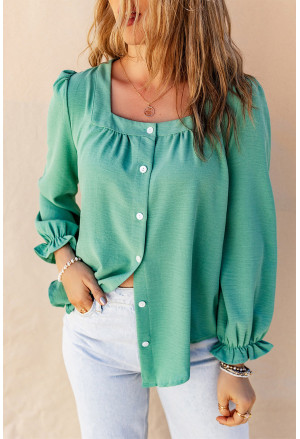 Green Flounce Sleeve Square Neck Button-Up Shirt