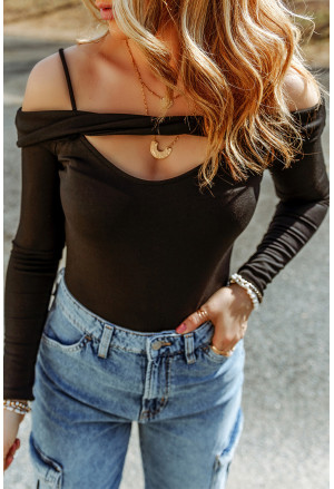 Black Cold Shoulder Cut-out Long Sleeve Bodysuit