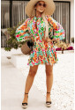 Yellow Abstract Floral Print Long Sleeve Buttoned Mini Dress