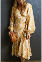 Yellow V Neck Wrap Lace up Bubble Sleeve Floral Dress