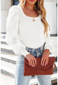 White Flower Puff Sleeve Ribbed Knit Top