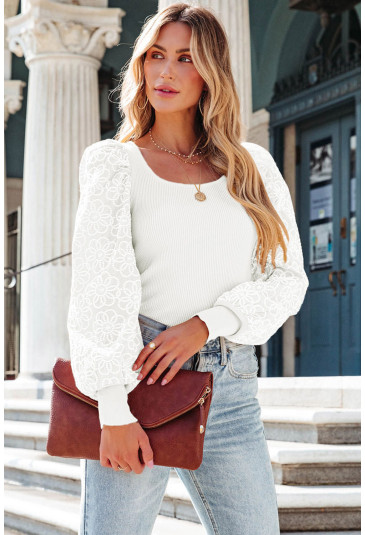 White Flower Puff Sleeve Ribbed Knit Top