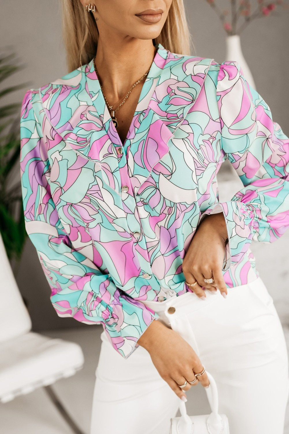 Purple Floral Printed Ruffle Lapel V Neck Shirt - SELECTAFASHION.COM