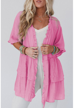 Pink Ruffled Trim Half Sleeve Open Front Kimono