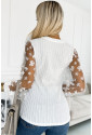 Floral Applique Mesh Sleeves Textured Knit Blouse