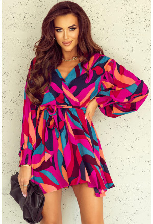 Red Abstract Printed Belted Puff Sleeve Mini Dress