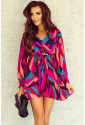 Red Abstract Printed Belted Puff Sleeve Mini Dress